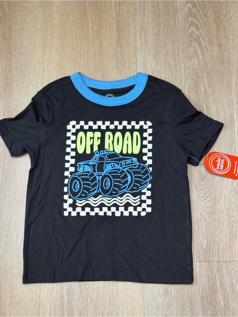 Kids Black 'Off Road' Monster Truck Tee with Blue Neck
